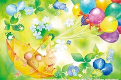 きいろの傘にのって制作：2013うーぶーのお気に入りの傘にたくさんの風船をつけたら冒険の始まりだよ。心地いい風が吹いたら、さぁ出発だ！！